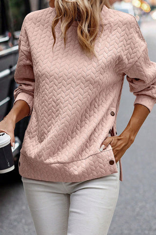 Pink Button Detail Split Round Neck Sweatshirt