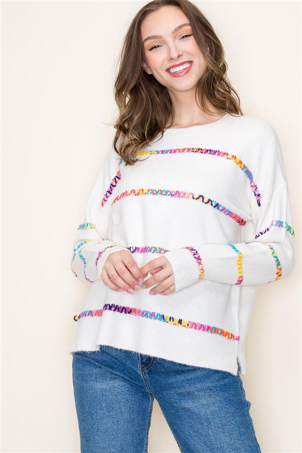 Ivory Multi Color Stitch Striped Sweater