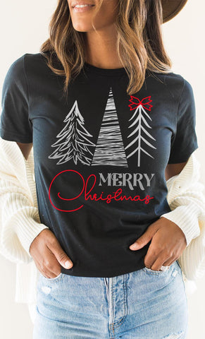 Merry Christmas Silver Trees Red Bow Graphic Tee